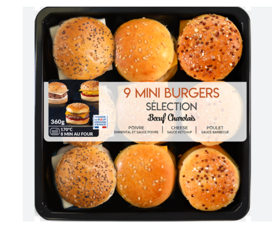 Assortiment de 9 Mini Burgers (Cheddar- Poivre- Poulet)