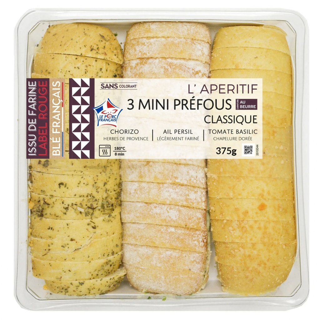 Assortiment de 3 minis préfous (Ail – chorizo – tomate basilic) - 375G