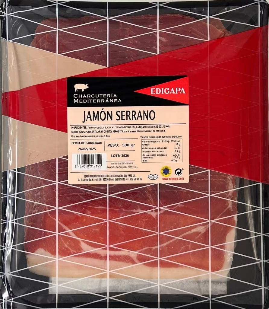 Jambon Serrano Espagnol  tranché  - 500 G (25 tranches)