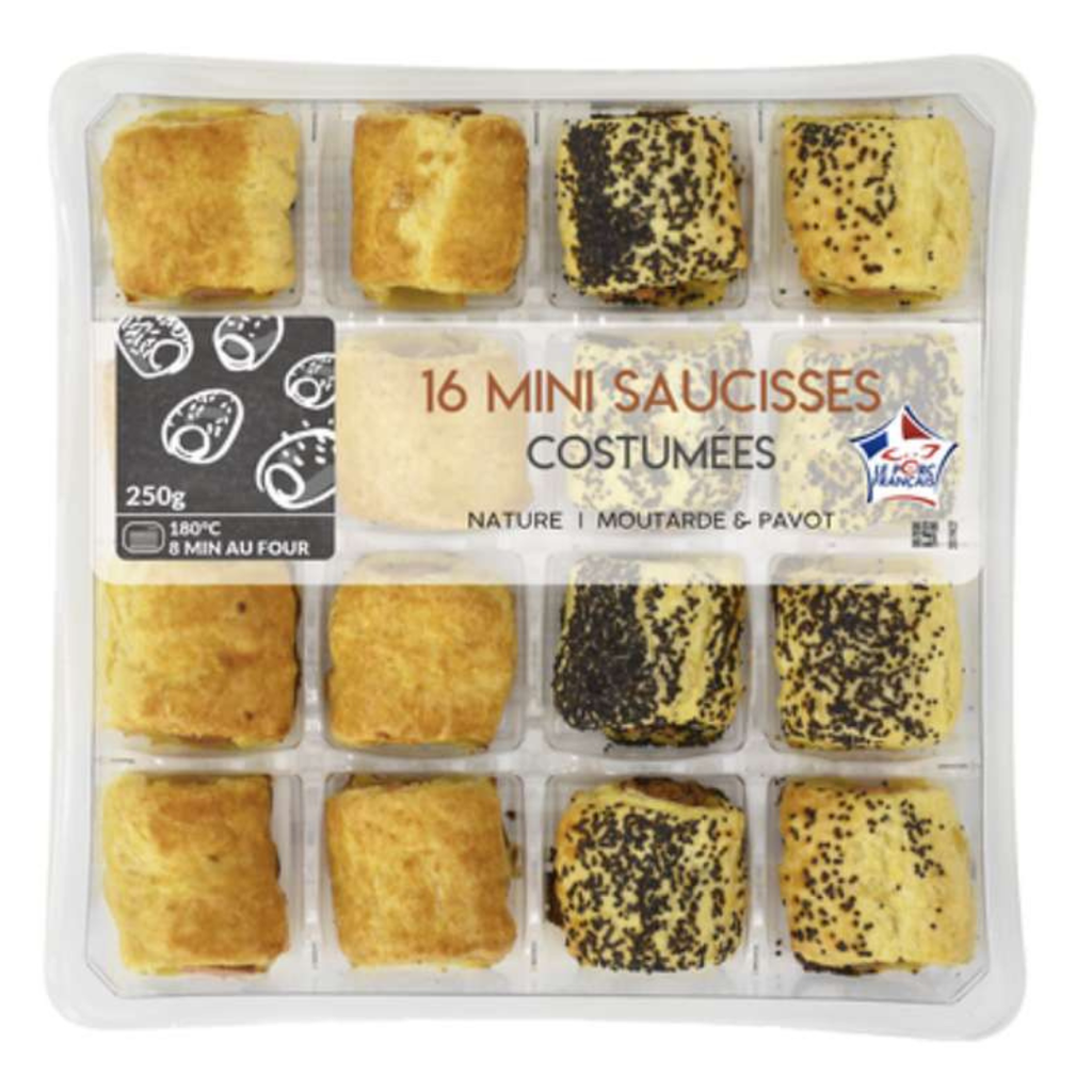 Minis saucisses costumées (nature, moutarde & pavot) - x 16 